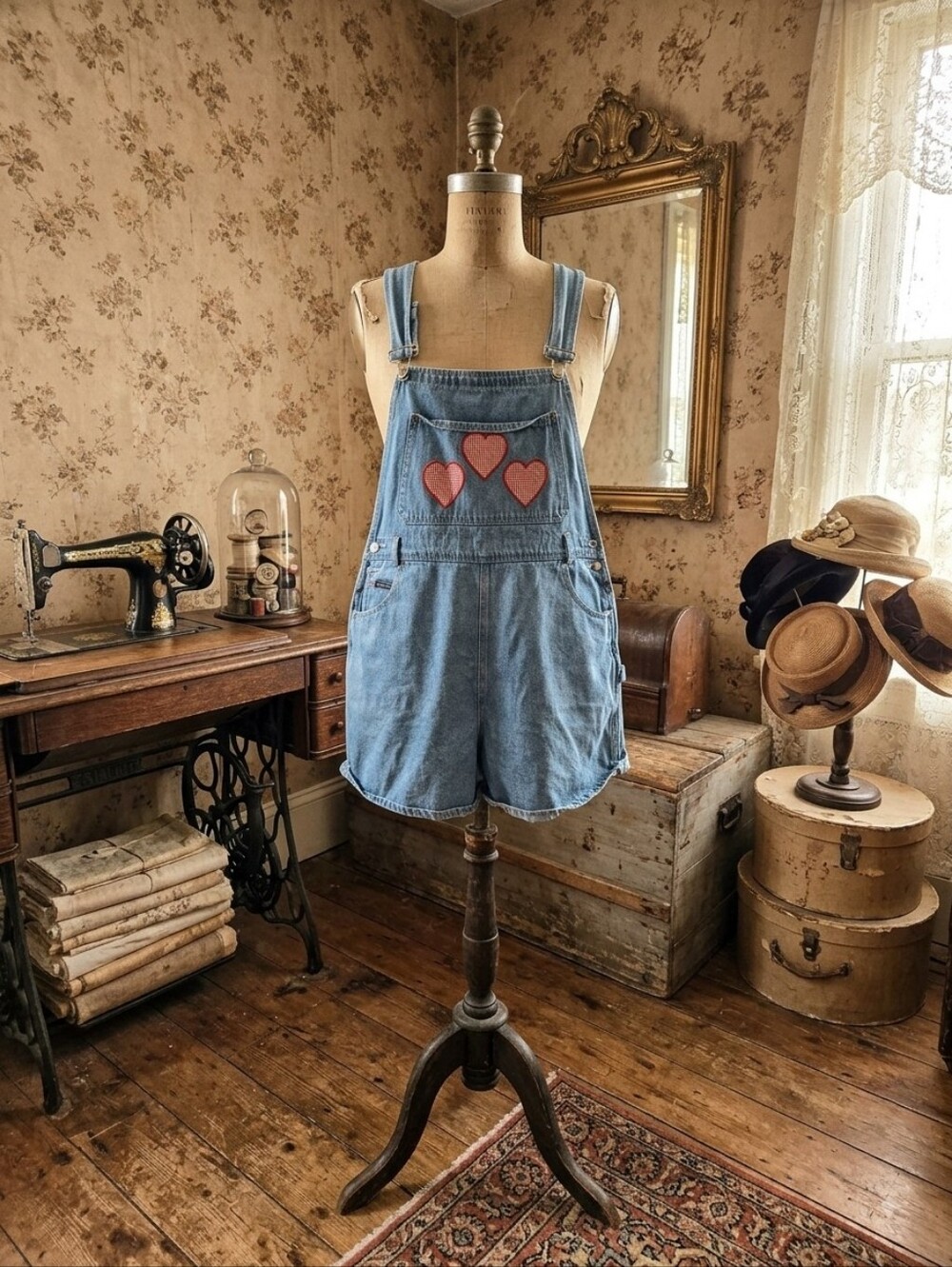 Vintage 90s Santa Fe Blues Heart Gingham Patch Denim Shortalls / Overalls